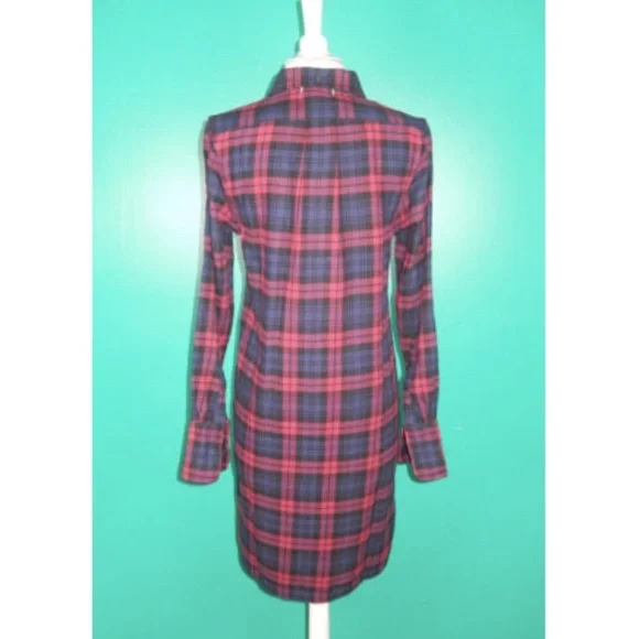 Alex Mill Standard Plaid Navy Blue Burgundy Flannel Shirt Dress - Picture 3 of 5
